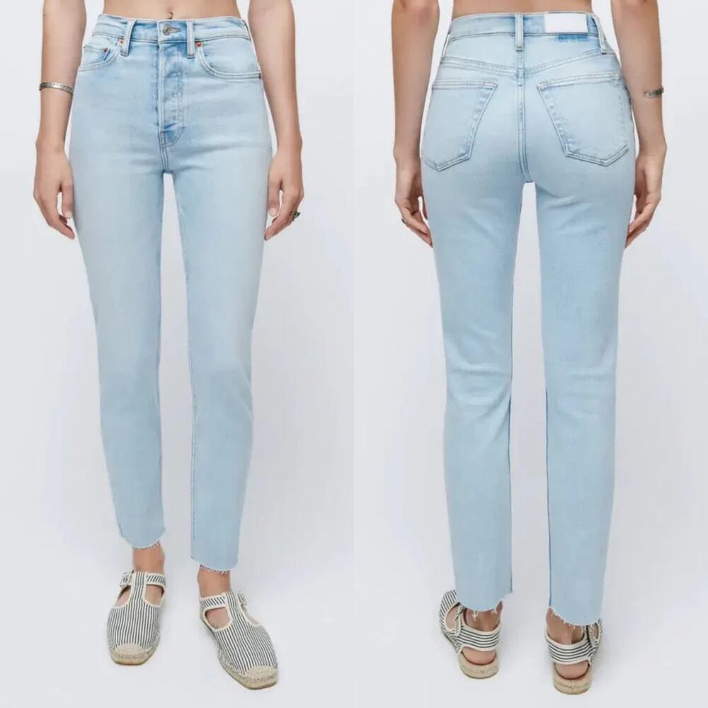 REDONE 90s High Rise Ankle Crop Slim Raw Hem Jeans in Light 21 Wash US 26